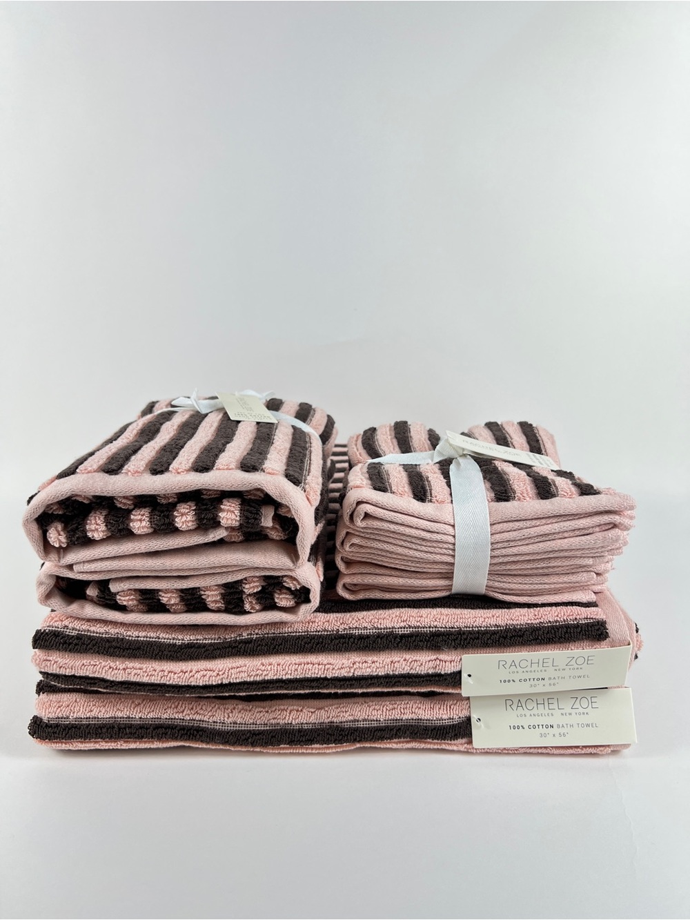 Rachel Zoe Bath Towel Set Pink and Burgundy Striped 100% Cotton 8 Pc NEW